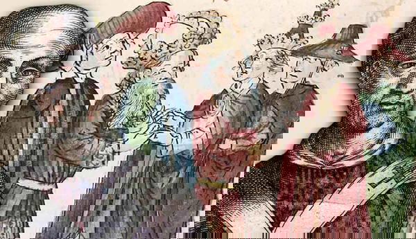 Portrait of medieval cleric and illustration of rulers exchanging gestures