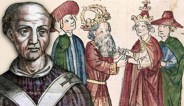 Portrait of medieval cleric and illustration of rulers exchanging gestures