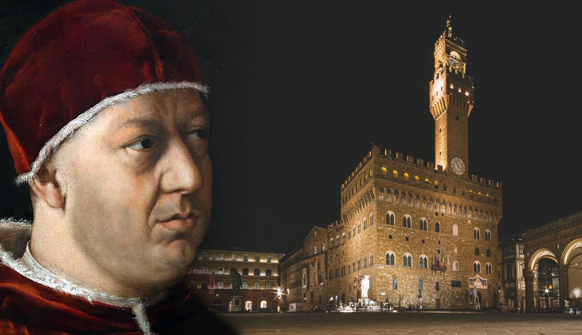 Palazzo Vecchio photo by Matteo Kutufa and Pope Leo X Portrait by Raphael Sanzio 1518