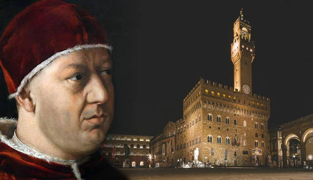 Palazzo Vecchio photo by Matteo Kutufa and Pope Leo X Portrait by Raphael Sanzio 1518