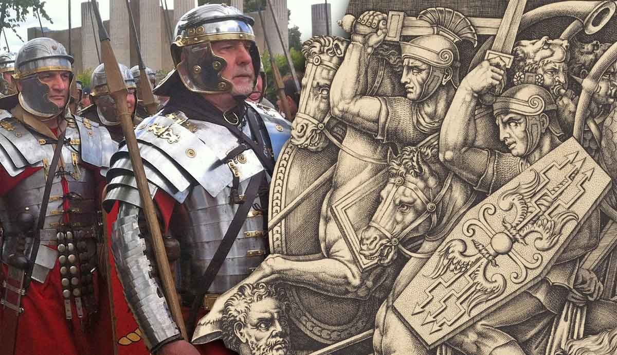 Reenactors with pila and Roman Soldiers Fighting Dacians by Nicolaus Beatrizet 1553