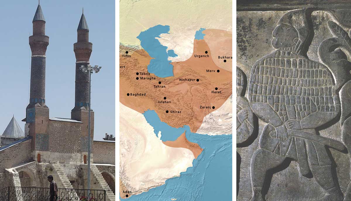 Minarets, map, and ancient relief sculpture