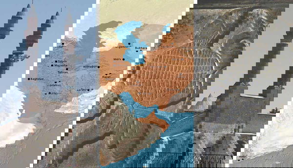 Minarets, map, and ancient relief sculpture