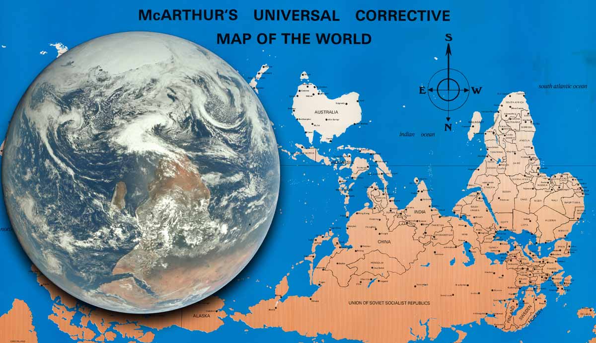 Inverted world map with globe alongside it