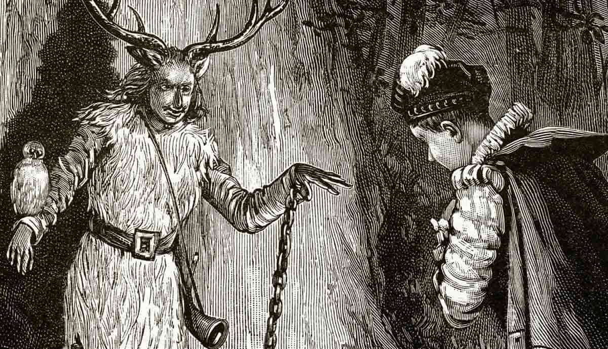 Horned figure with chain confronts young man