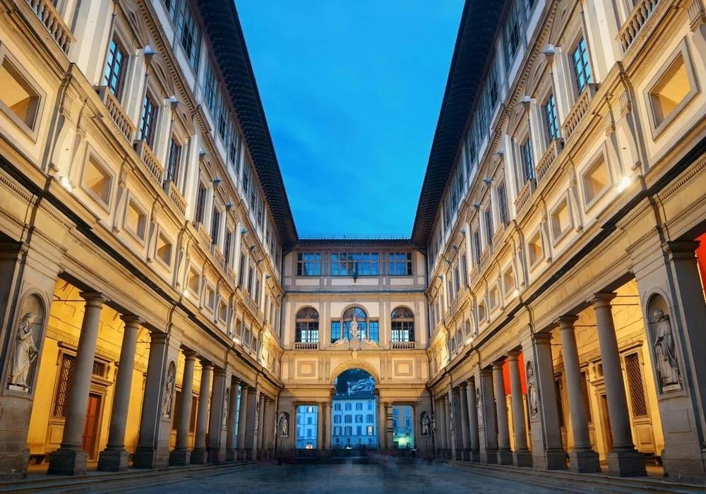 Exterior view of the Uffizi Galleries courtyard in Florence.