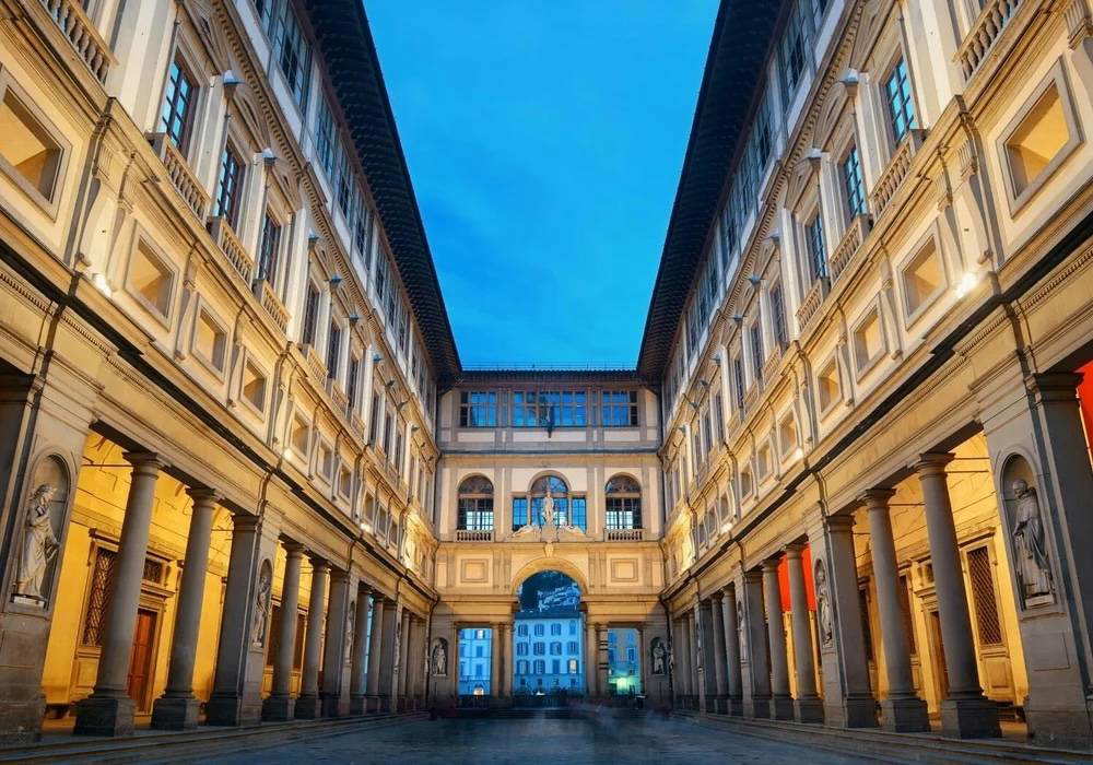 Exterior view of the Uffizi Galleries courtyard in Florence.