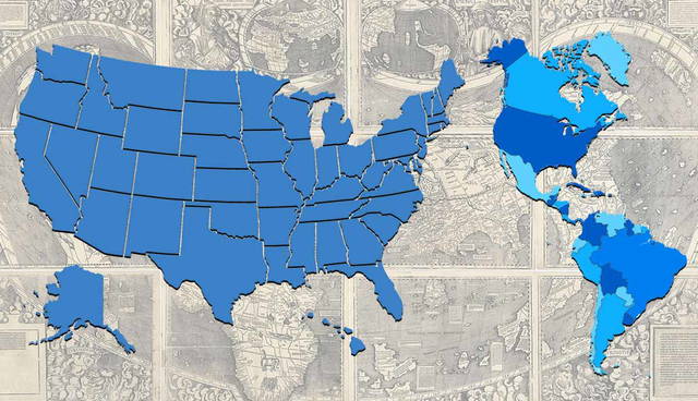 Map showing US states and North/South America