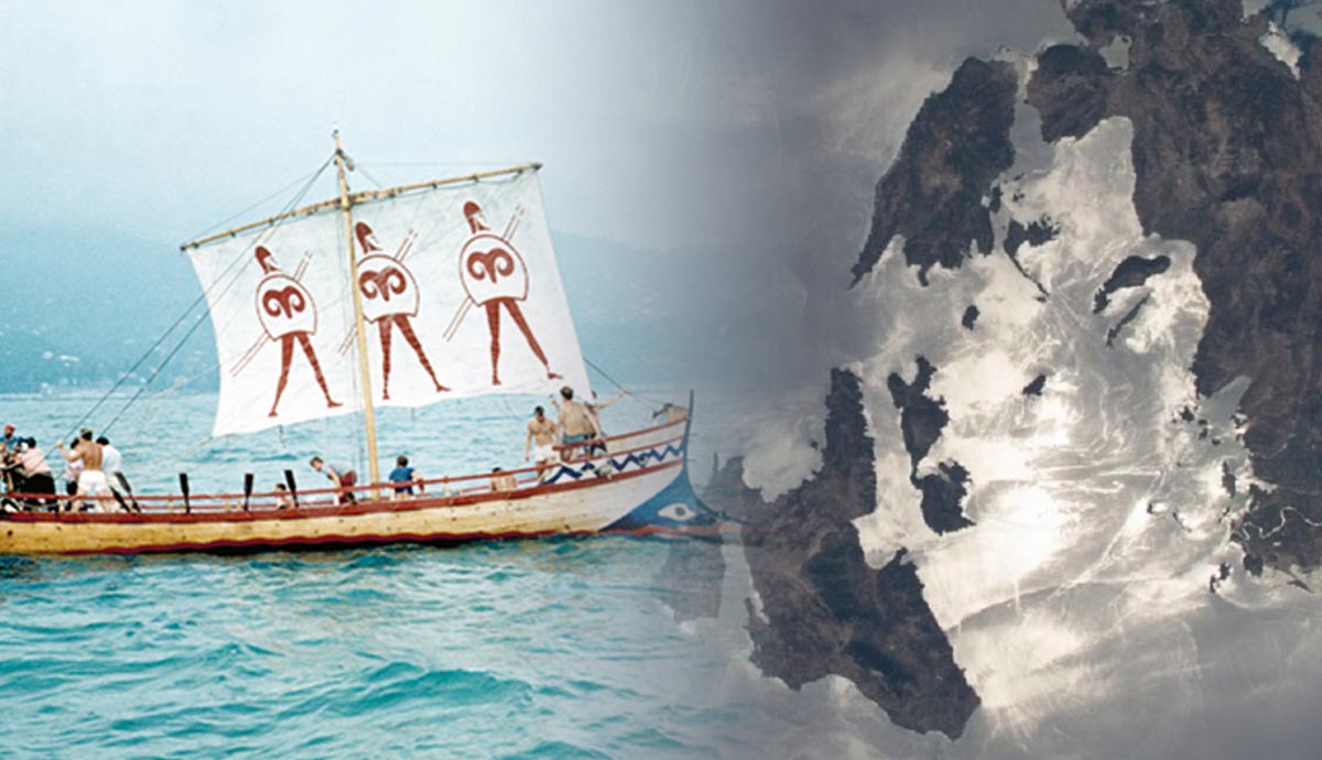 Ancient ship replica and island