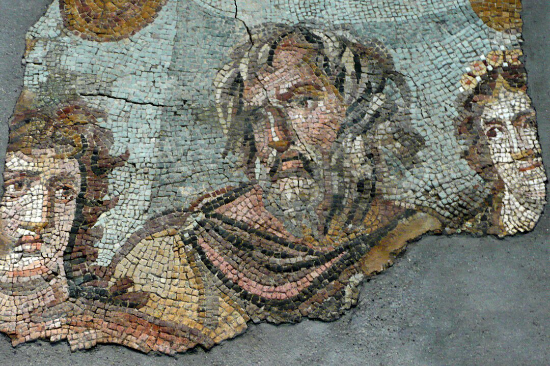 A Roman mosaic probably depicting Nestor, between Achilles and Briseis, c. 2nd century CE. Source: Wikimedia Commons