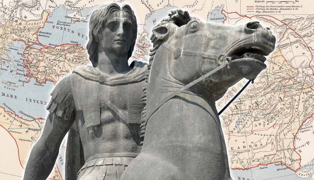 Alexander the Great statue on map background