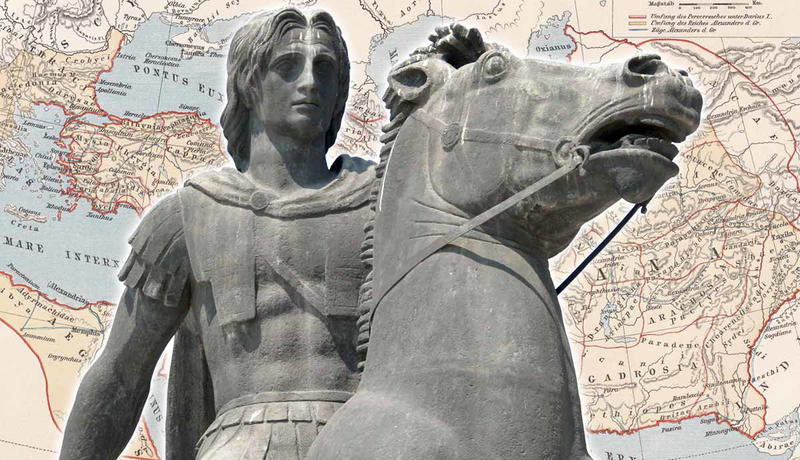 Alexander the Great statue on map background
