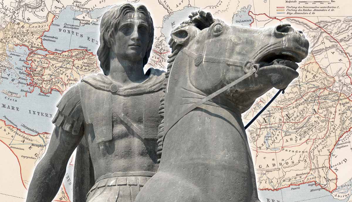 Alexander the Great statue on map background