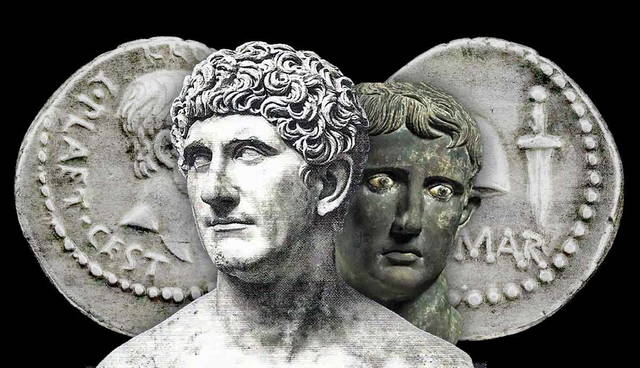 Mark Antony and Octavian with Roman coins