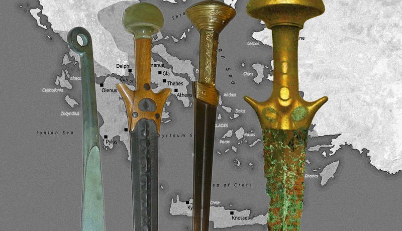 Bronze Age swords over ancient Greek map