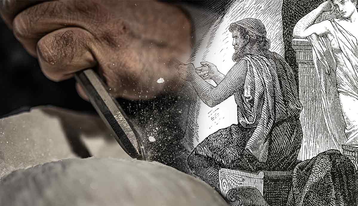 Sculptor carving stone, ancient figure observing