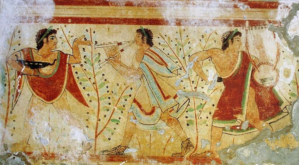 Etruscan fresco with musicians and diners in the Tomb of the Leopards at Tarquinia, central Italy, fifth century BCE.