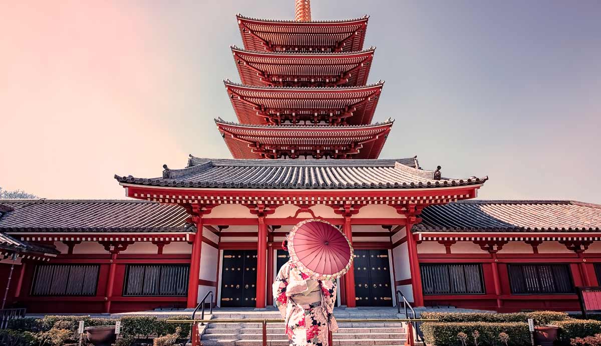 Woman in kimono before Japanese temple