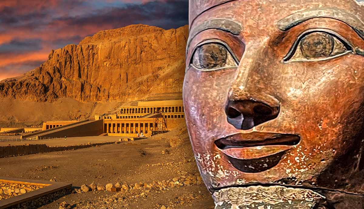 Ancient Egyptian temple and statue of Hatshepsut close-up