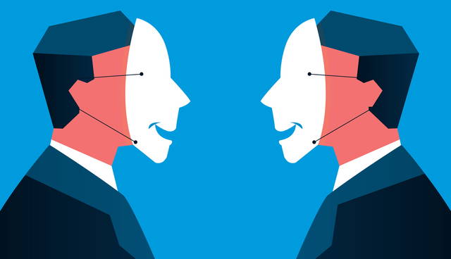 Illustration of two mirrored masked figures