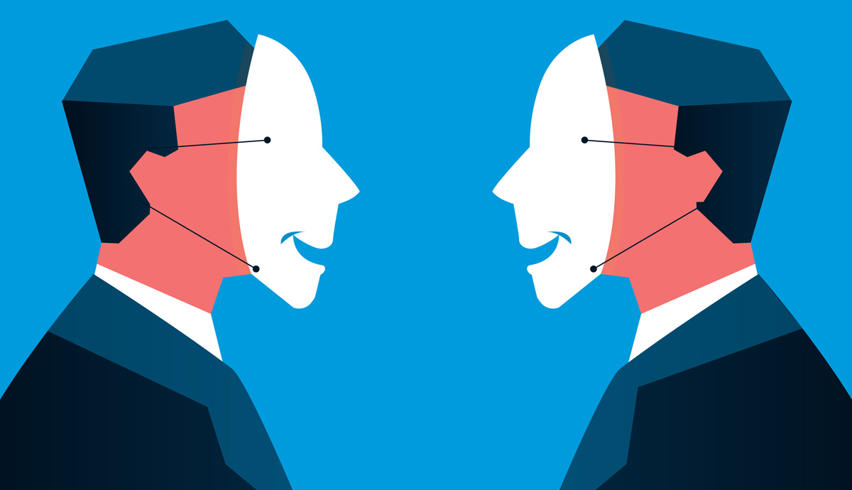 Illustration of two mirrored masked figures