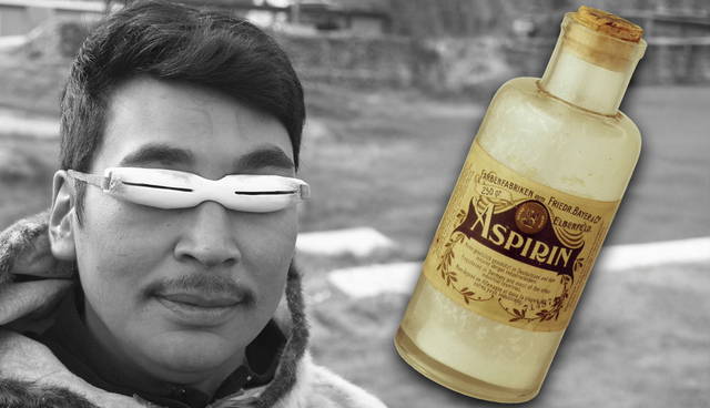 Snow goggles and early Bayer aspirin bottle
