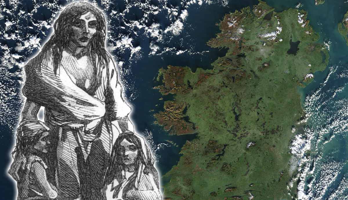 Sketch of famine victims and satellite Ireland.