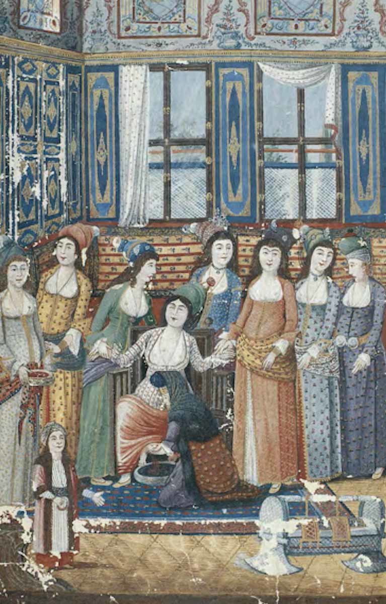 Woman on birthing chair, from Enderuni’s Zenanname (Book of Women), a work about the women of the world and their qualities, 1793.