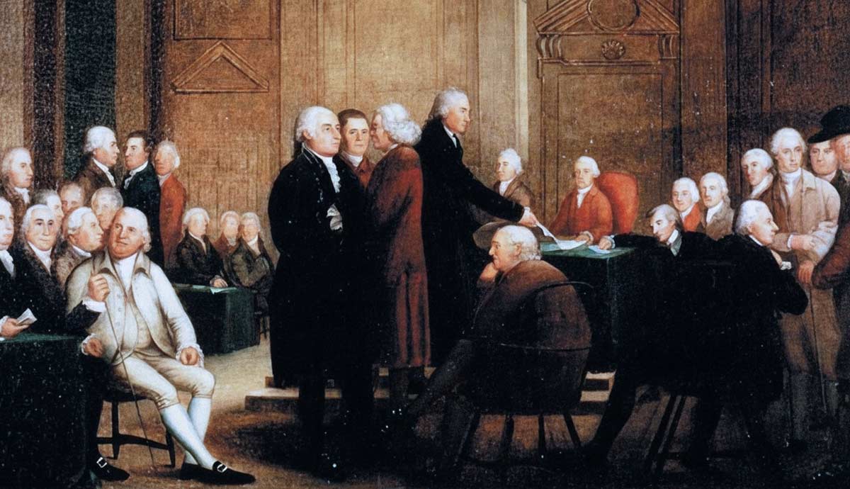A depiction of the Second Continental Congress voting