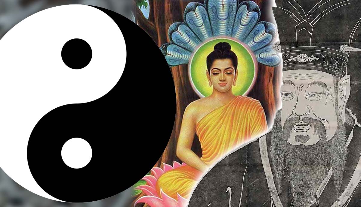 Yin Yang symbol Buddha and Confucius 