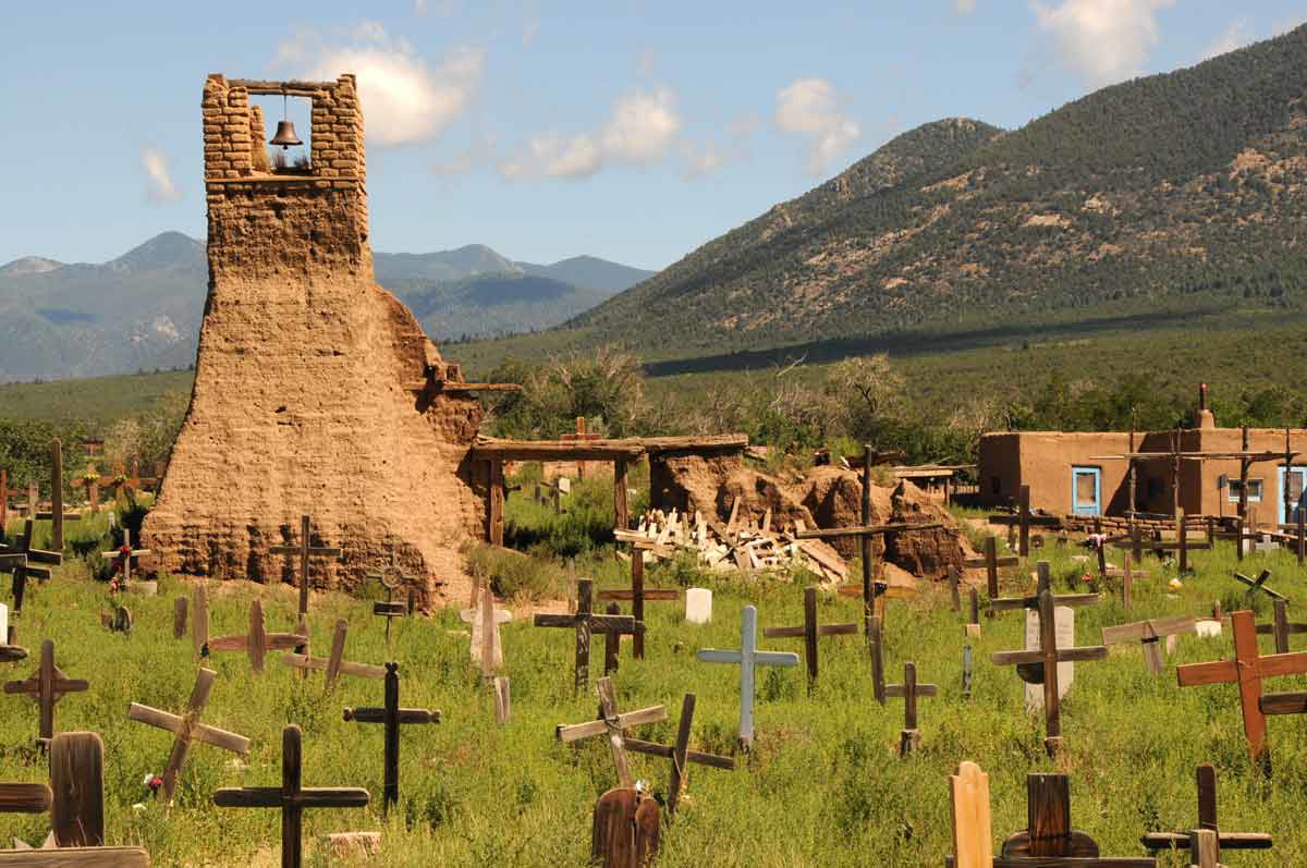 The graveyard and the ruins of the original church in taos pueblo