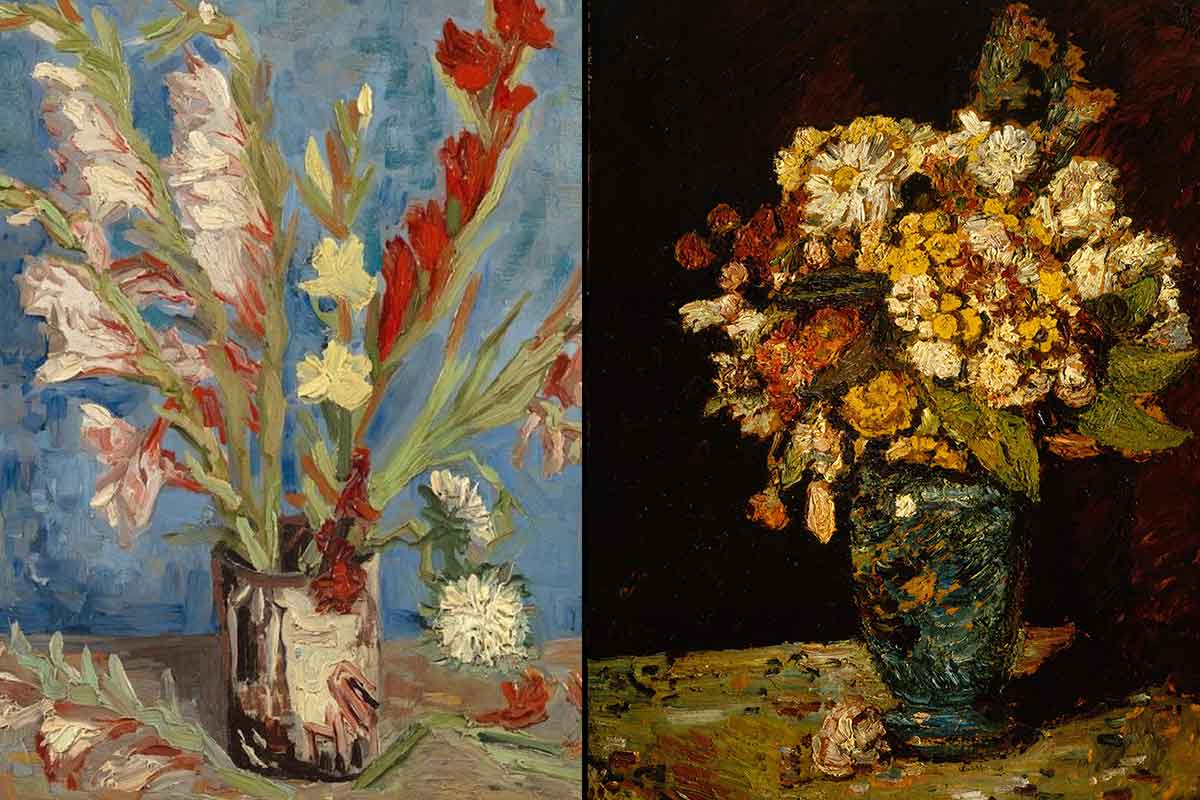 van gogh vase with gladioli and chinese asters