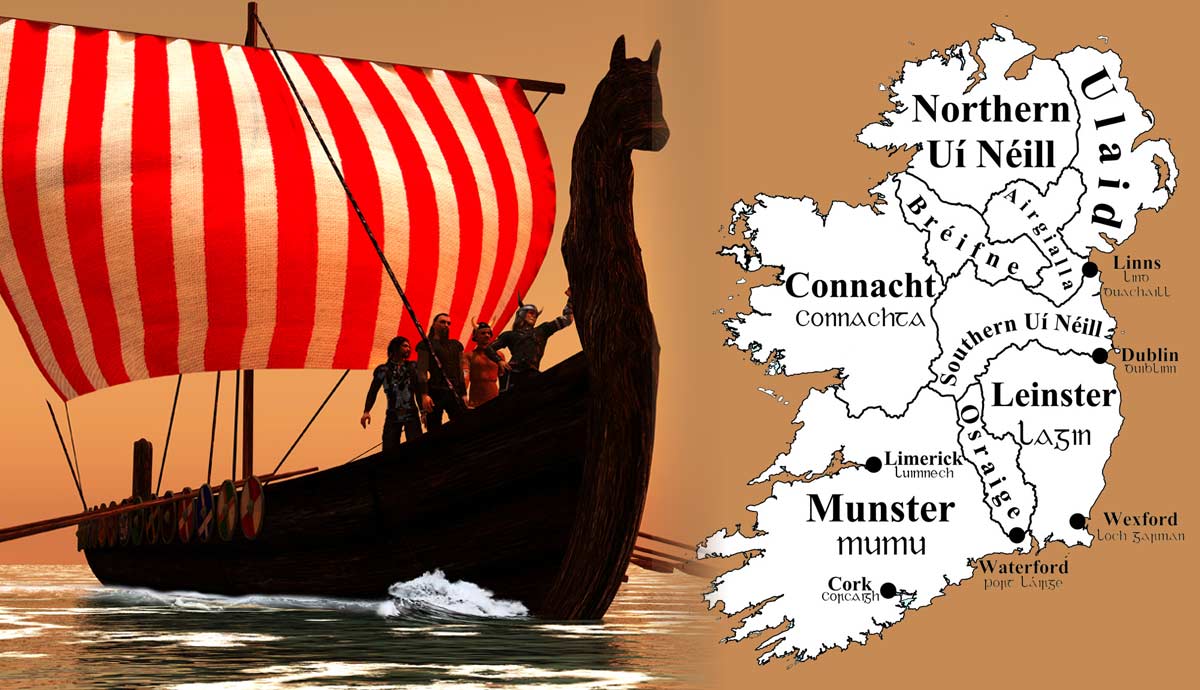 Viking longboat and historical Ireland map