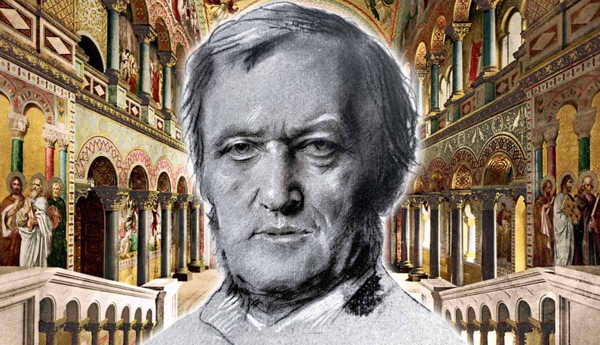 Portrait of Richard Wagner overlaid on an ornate church interior