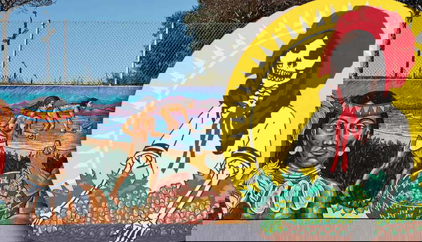 Chumash mural and Sun Mad artwork