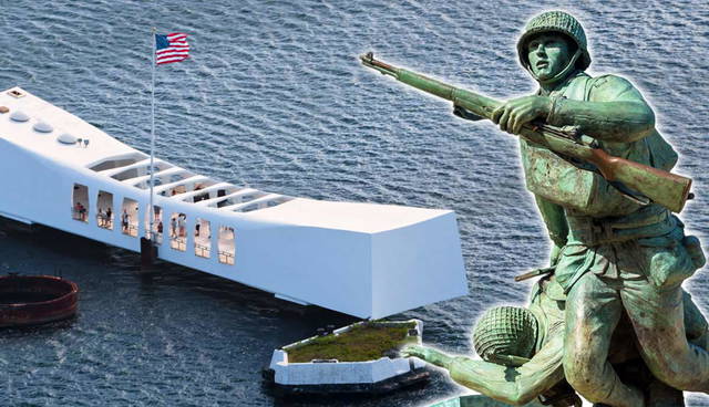 USS Arizona Memorial and soldier statue