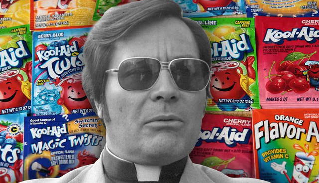 Jim Jones with Kool-Aid packets