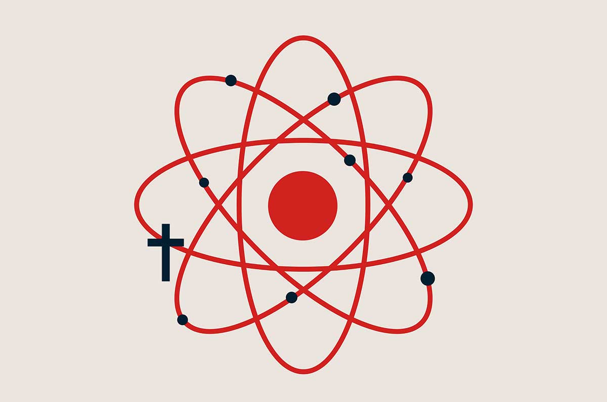 atom with cross science and religion