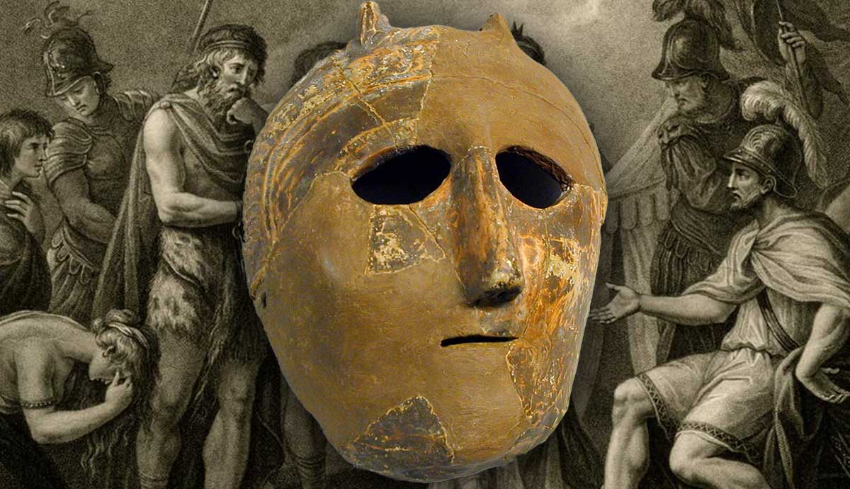 Ancient mask overlaid on Roman illustration.