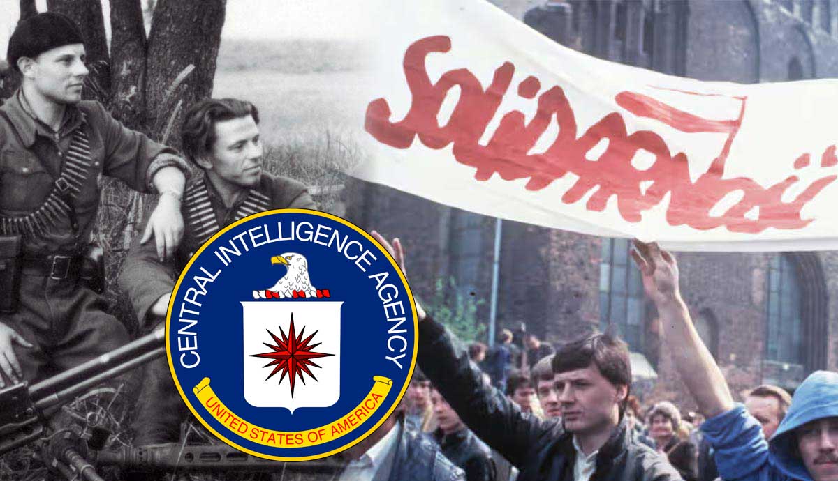 CIA emblem over Polish Solidarity protest