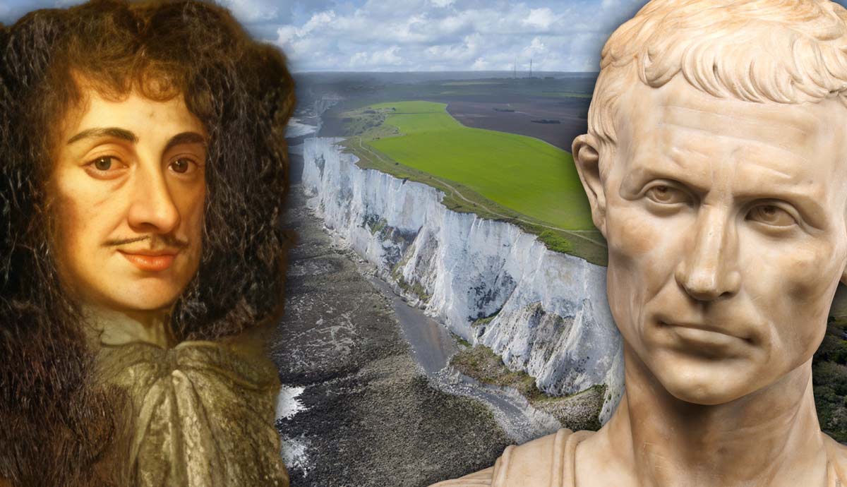 Charles II portrait, Julius Caesar bust, and Cliffs of Dover