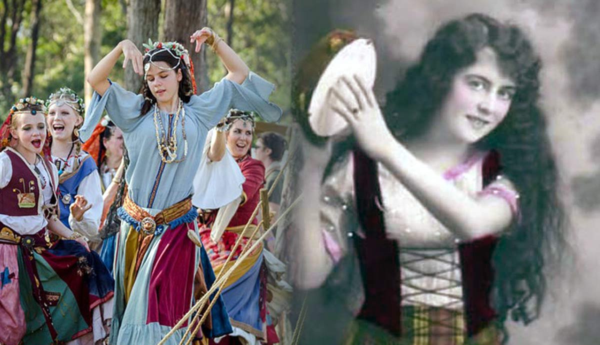 Romani-inspired dancers and tambourine player