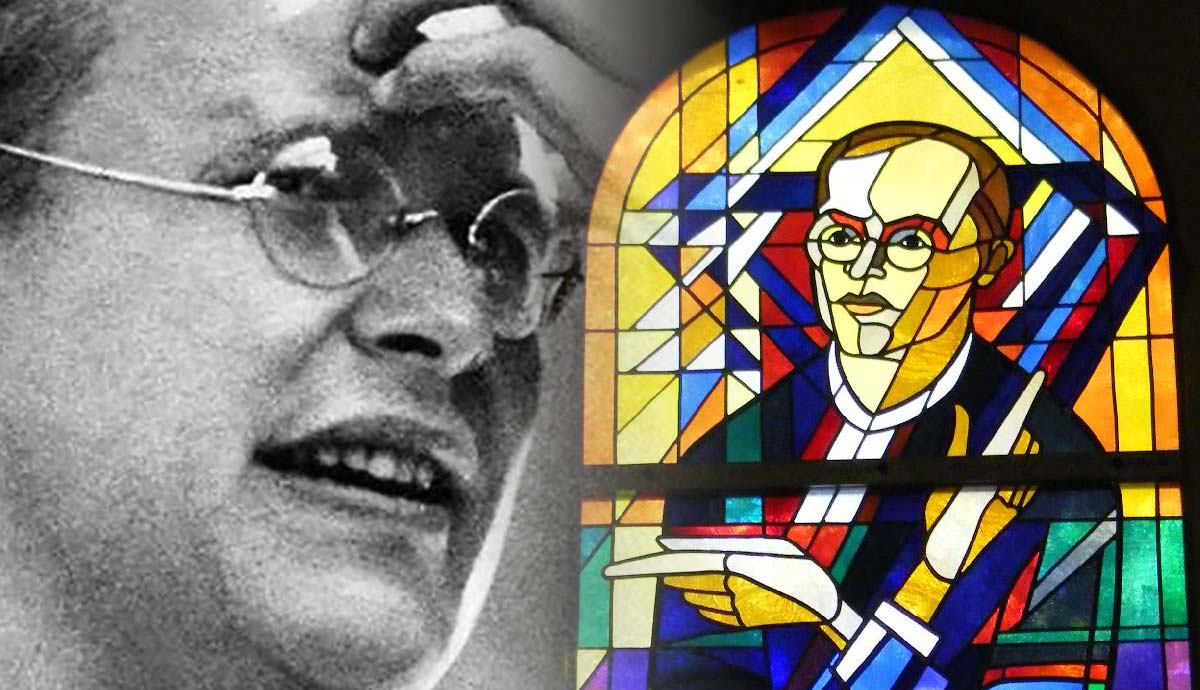 Dietrich Bonhoeffer portrait and stained glass depiction