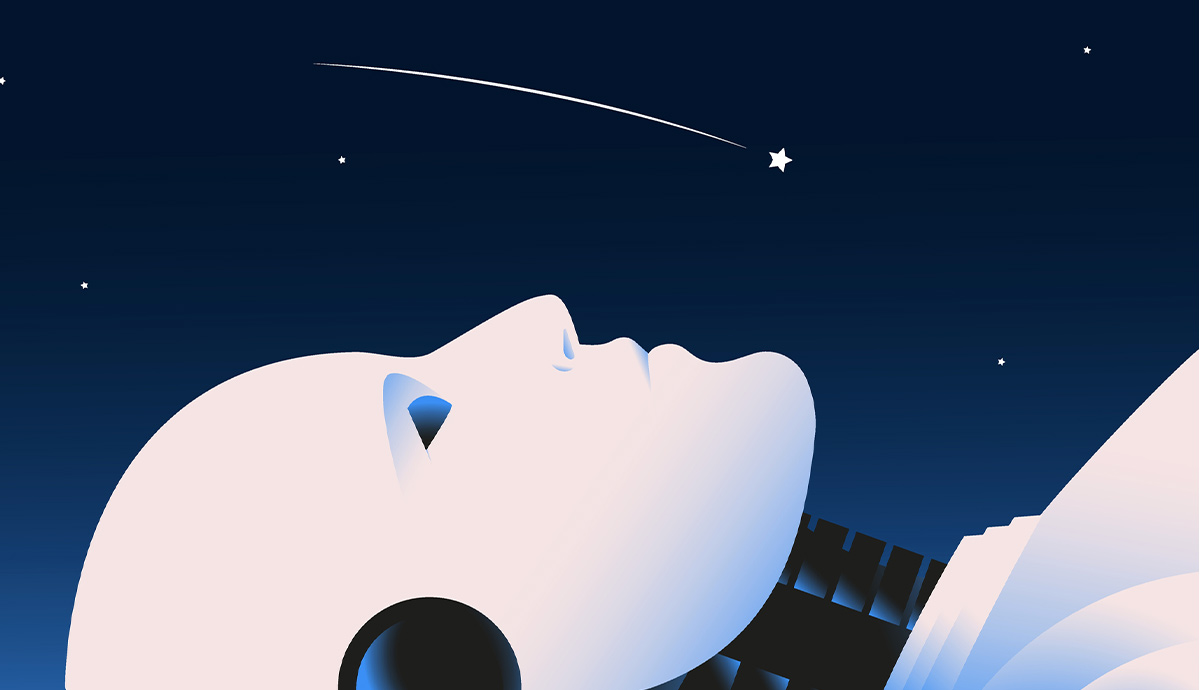 Robot gazing at shooting star in night sky