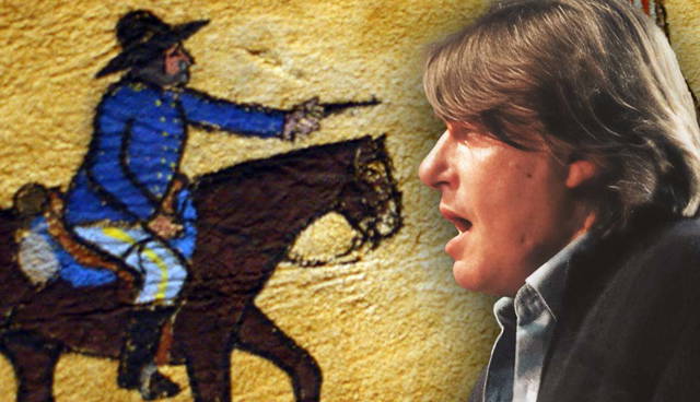 Indigenous horseback scene beside singing performer