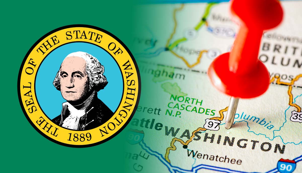 Washington State seal beside state map