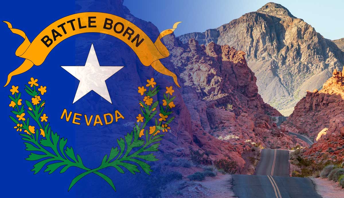 Nevada flag and desert canyon road