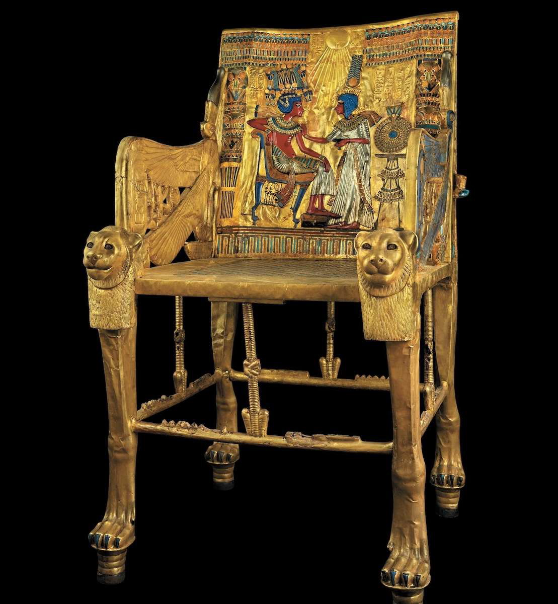 Gilded throne of Tutankhamun with inlaid back panel of Ankhesenamun anointing the king, frontal view