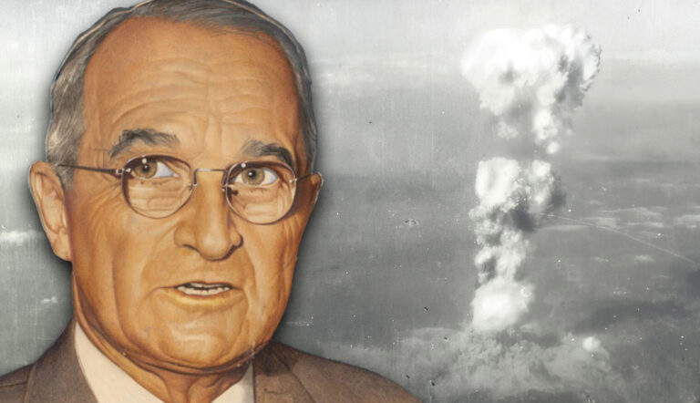 Truman with atomic blast backdrop