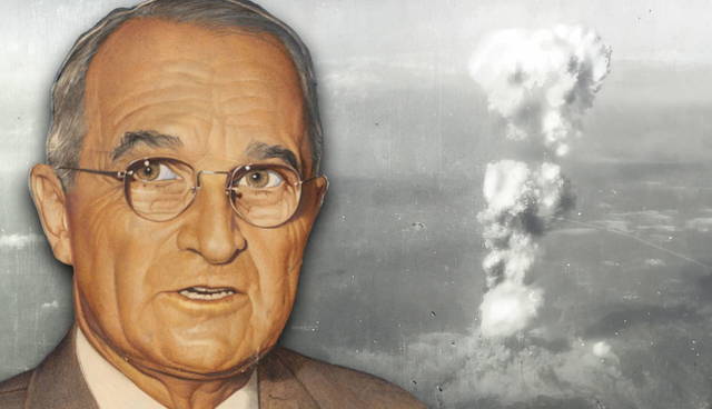 Truman with atomic blast backdrop